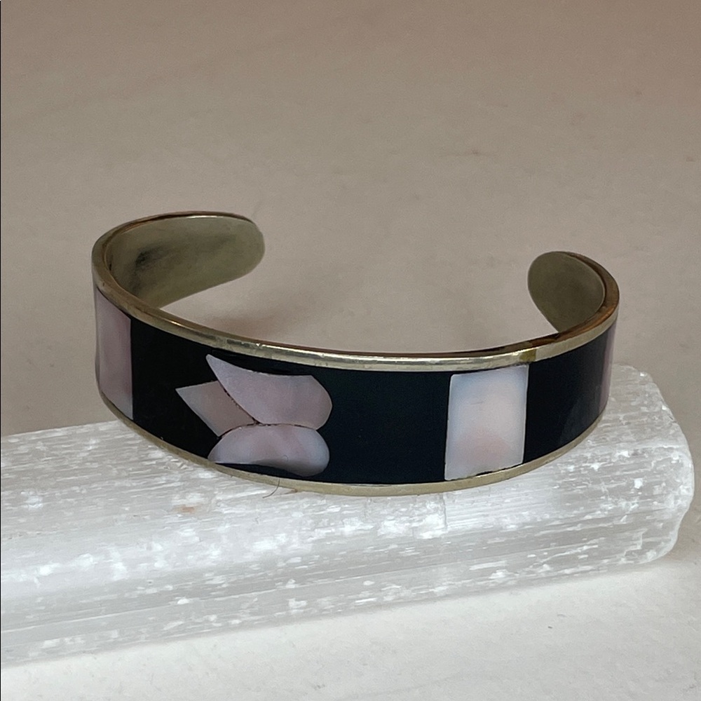 Vintage Mexican Alpaca Silver Cuff Black Enamel Mother of Pearl Inlaid Bracelet